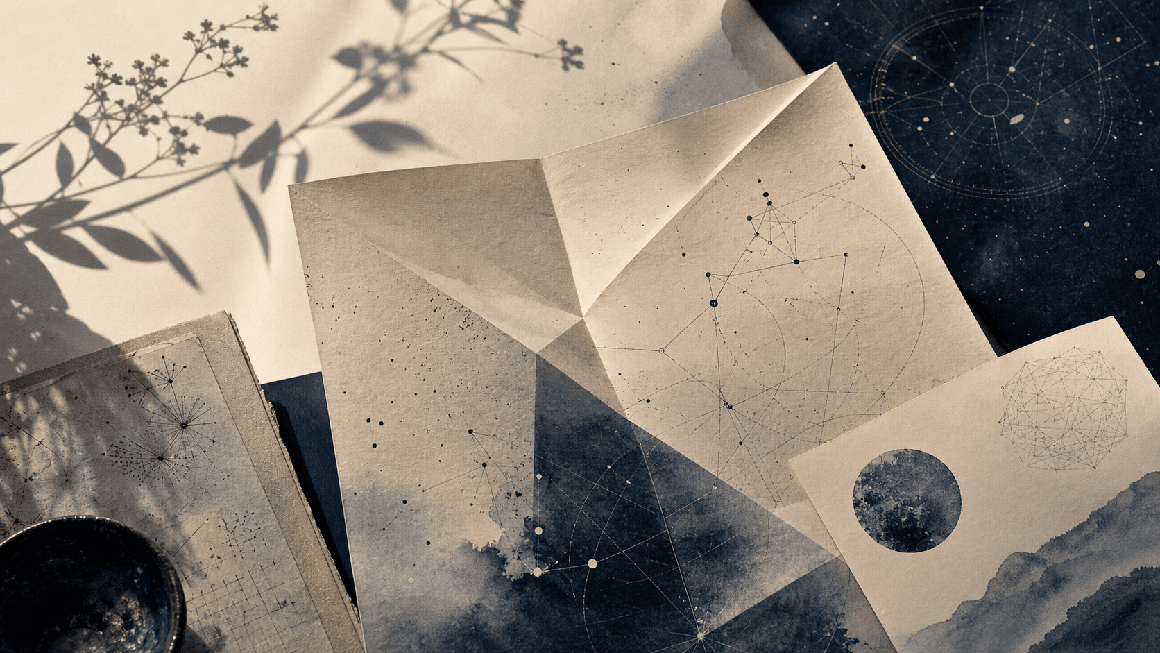 Paper notes with abstract constellation diagrams