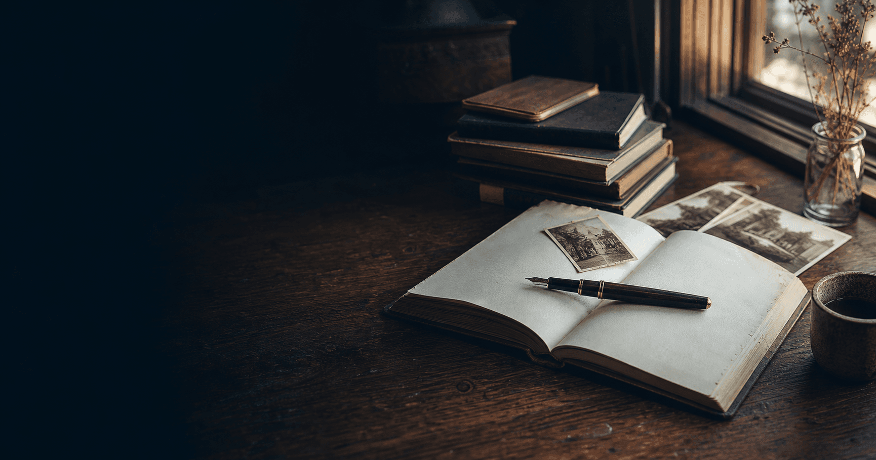 Journal, books, and photographs on a desk